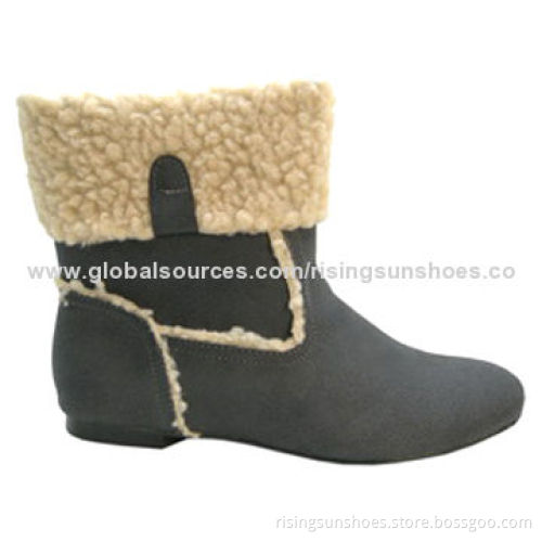 Women's Dress Boots, Fake Suede Upper+Lamb Fur Edge, Tape+Buckles Decorated, Comfortable Rubber Sole